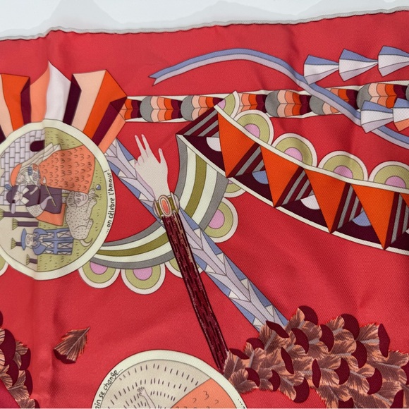 Hermes, silk scarf. The theme is the magic umbrella, coral colorway w/vignettes. - Picture 16 of 16
